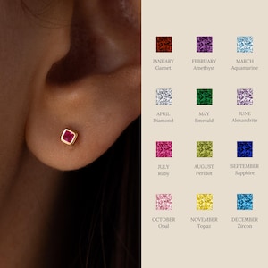 Square Gemstone Flat Back Earrings by Caitlyn Minimalist • Geometric Cartilage Birthstone Earrings • Dainty Jewelry • Gift for Her • ER658