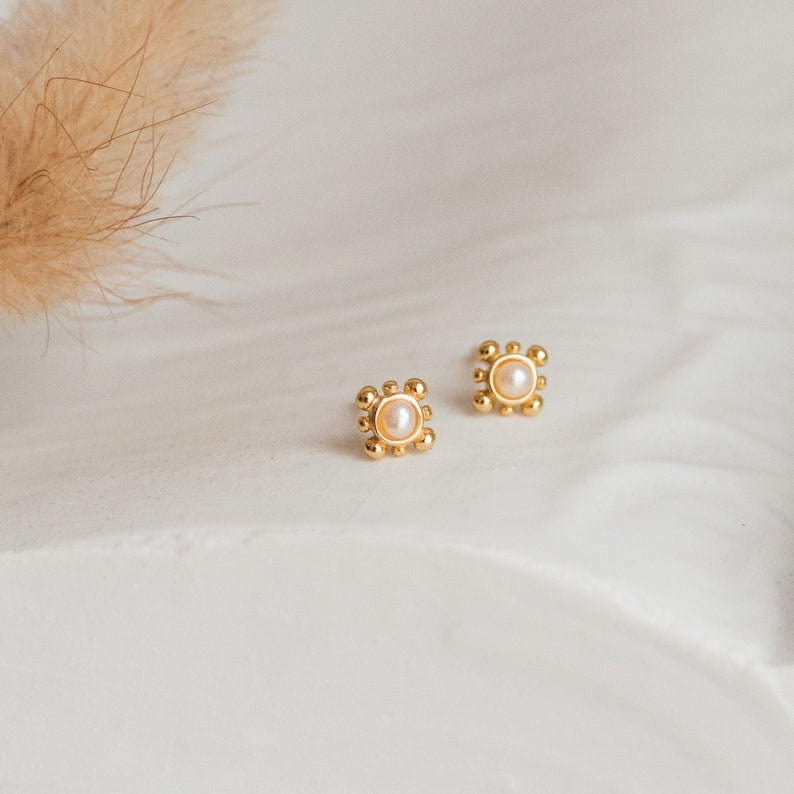 Pearl Stud Earrings by Caitlyn Minimalist Dainty Pearl Earrings in Gold & Silver Boho Jewelry Perfect Gift for Her ER263 image 1
