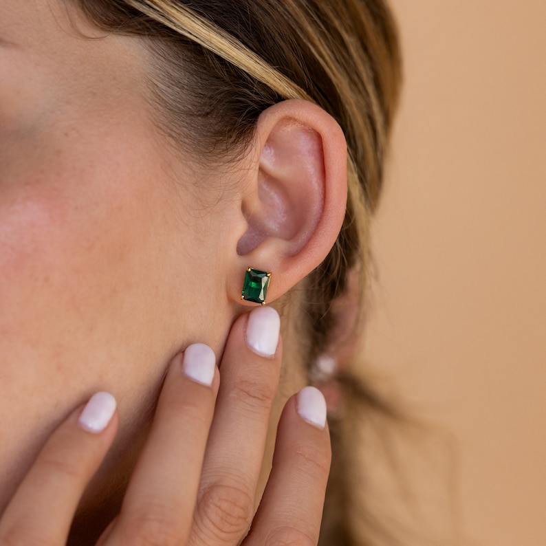Emerald Cut Birthstone Earrings by Caitlyn Minimalist Custom Dainty Stud Earrings in Gold Gemstone Jewelry Personalized Gifts ER367 image 4