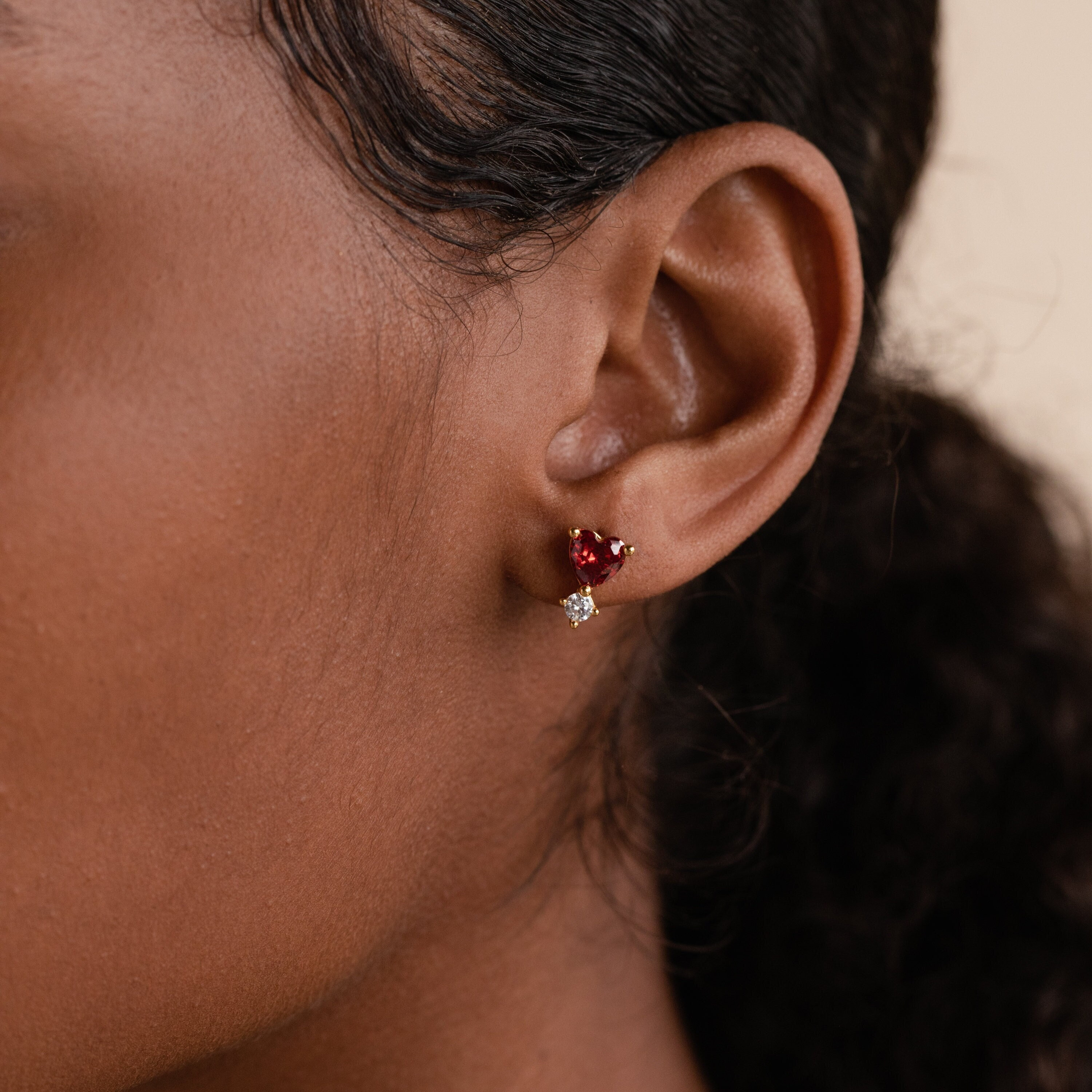 Garnet Heart Drop Studs by Caitlyn Minimalist • Dainty Diamond Earrings in Gold • Romantic Vintage Jewelry • Perfect Gift for Her • ER336