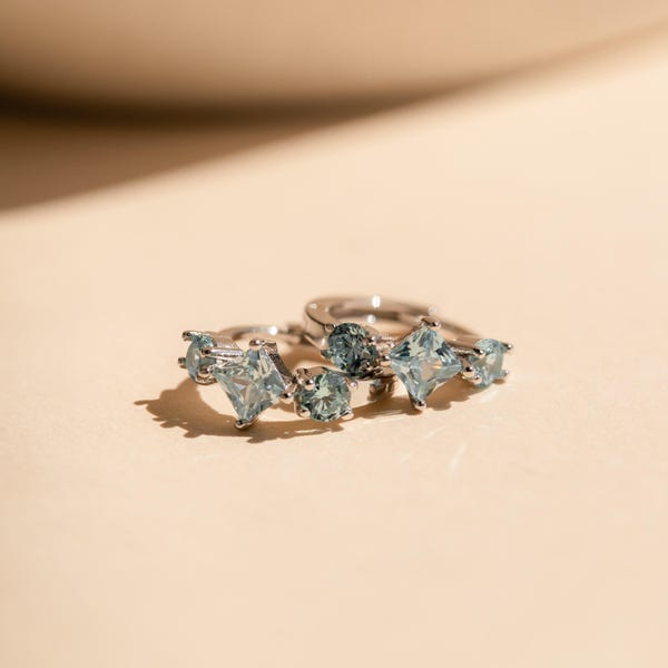 Aquamarine Huggie Hoops by Caitlyn Minimalist • Dainty Blue Crystal Gemstone Earrings • Silver Birthstone Jewelry • Bridesmaid Gift • ER384