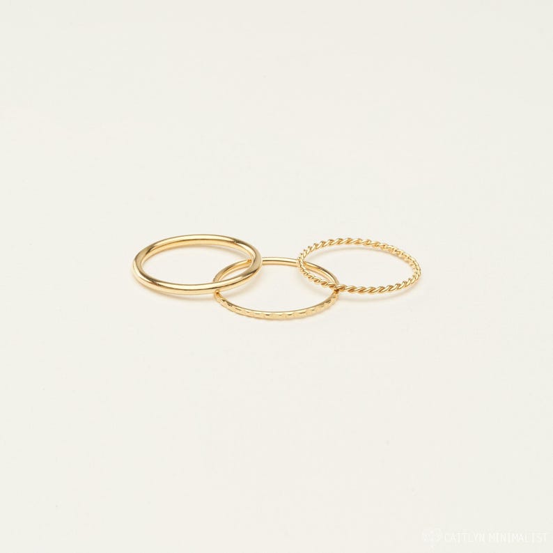 Minimalist Silver Rings by Caitlyn Minimalist • Set of 3: Midi Ring, Twist Ring, Lined Ring • Notched Ring • Dainty Stacking Rings • RR070 18K GOLD