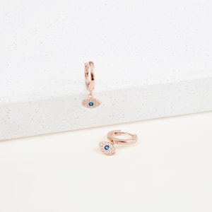 Eye Charm Huggie Hoop Earrings by Caitlyn Minimalist Evil Eye Jewelry Dainty Eye Earrings Protection Jewelry ER003 ROSE GOLD