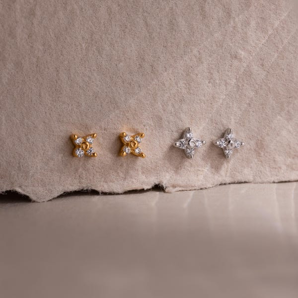 Dainty Flower Diamond Earrings by Caitlyn Minimalist • Small Silver Stud Earrings • Crystal Star Jewelry • Bridal Shower Gift • ER266