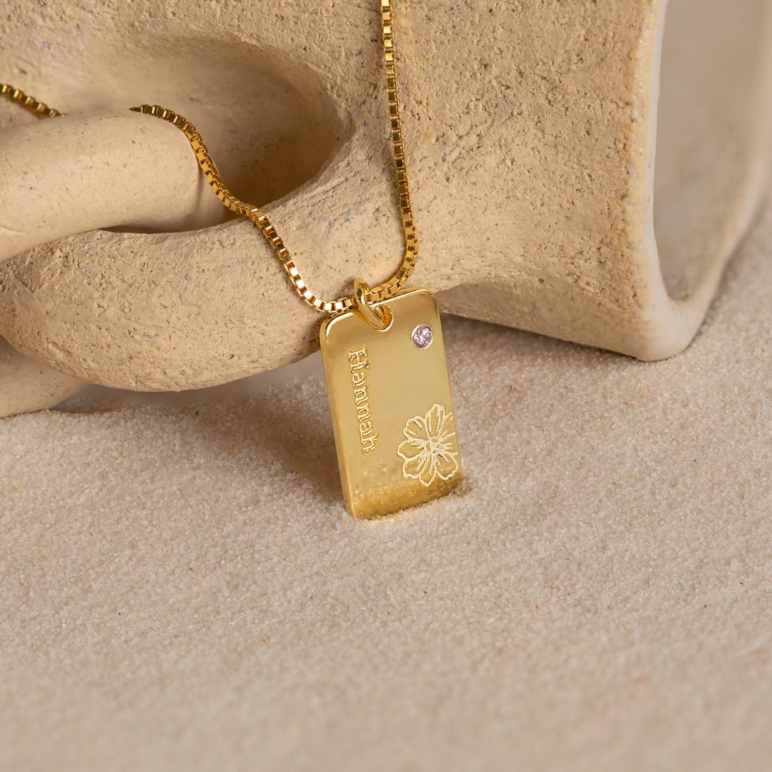 Flower Birthstone Name Necklace • Custom Engraved Birth Flower Necklace ...