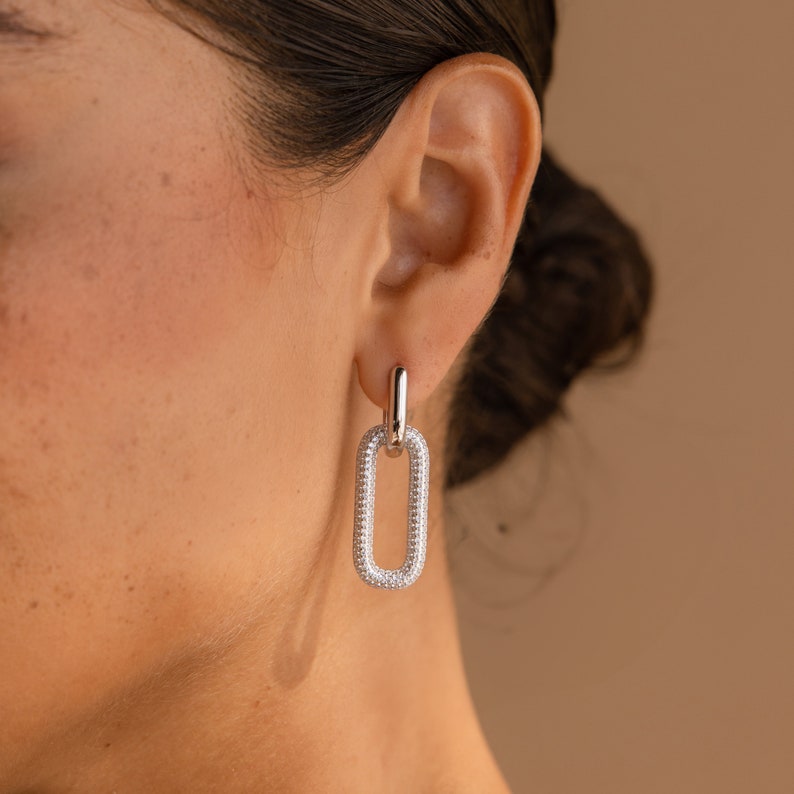 Pave Link Hoop Earrings by Caitlyn Minimalist Removable Dangle Earrings Statement Geometric Earrings Gift for Sister ER402 image 7