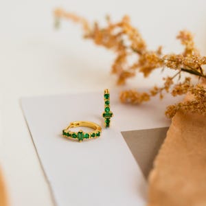 Baguette Emerald Stone Hoops by Caitlyn Minimalist • Green Gemstone Huggie Earrings for Everyday Wear • Best Friend Birthday Gift • ER230