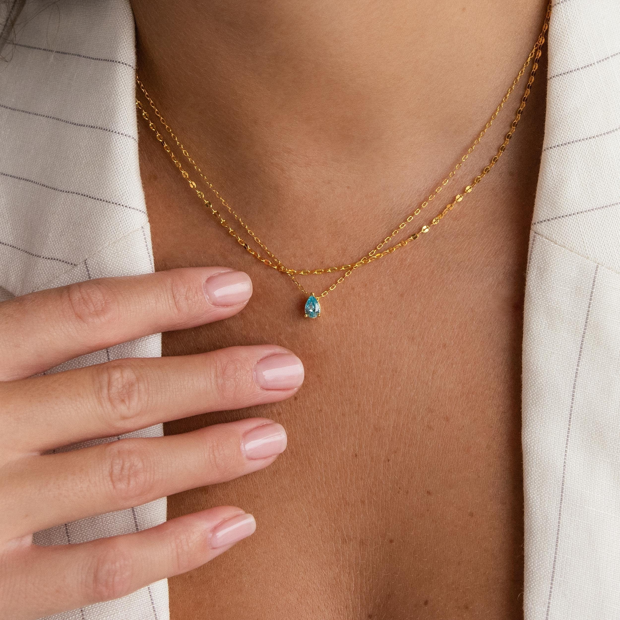 Duo Layered Birthstone Necklace by Caitlyn Minimalist • Custom Teardrop Necklace with Mirror Chain • Gemstone Jewelry • Gift for Her • NM174