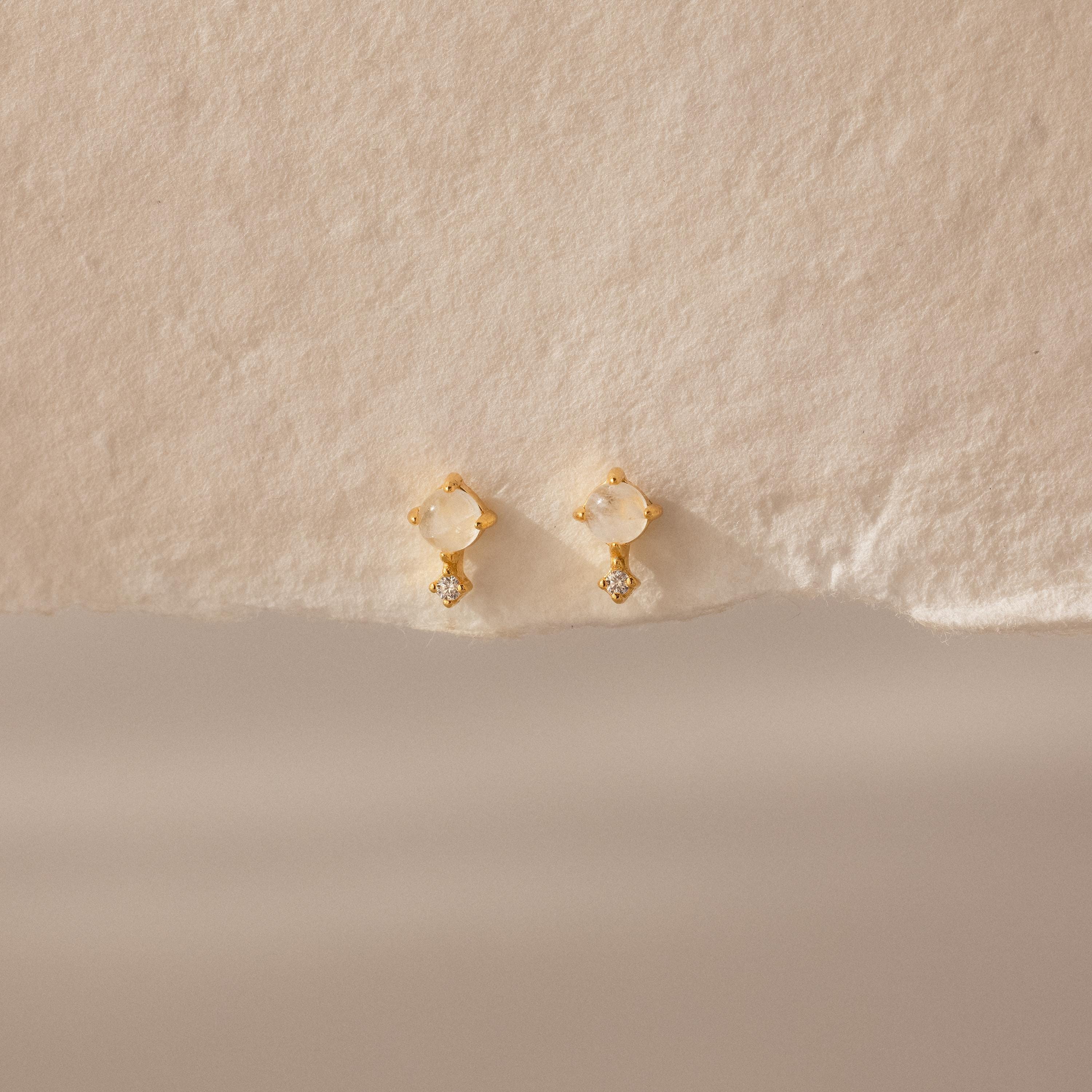 Moonstone Diamond Studs by Caitlyn Minimalist • Dainty Gemstone Stud Earrings • Wedding Jewelry • Best Friend Gift • ER762