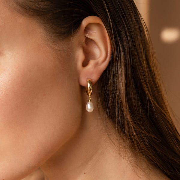 Pearl Drop Huggie Hoops by Caitlyn Minimalist • Gold Huggie Earrings with Dangling Pearl Charm • Dainty Pearl Jewelry • Bridal Gifts • ER407