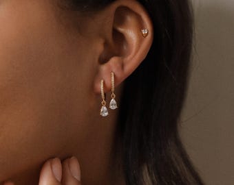 Diamond Drop Earrings by Caitlyn Minimalist • Pave Huggie Hoop Dangle Earrings • Wedding Earrings • Bridal Jewelry • Gift for Mom • ER117