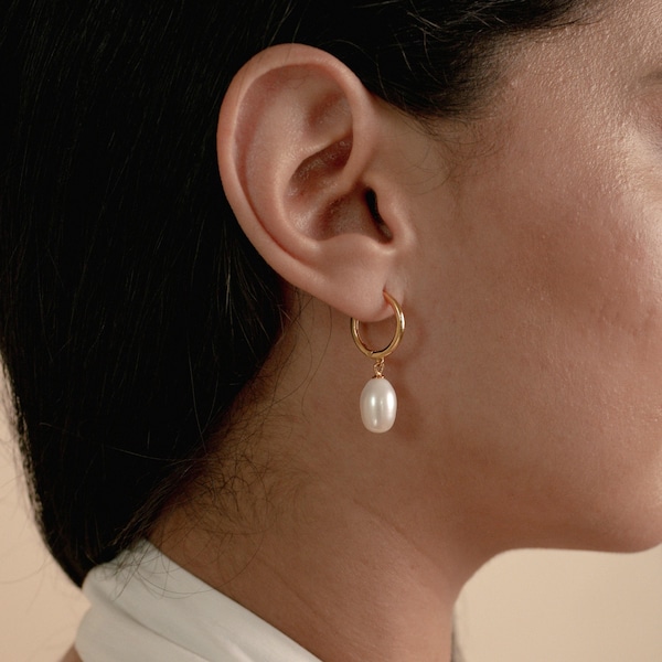 Pearl Charm Hoop Earrings by Caitlyn Minimalist • Hoop Dangle Pearl Earrings • Bridesmaid Jewelry • Gifts for Mom • ER118