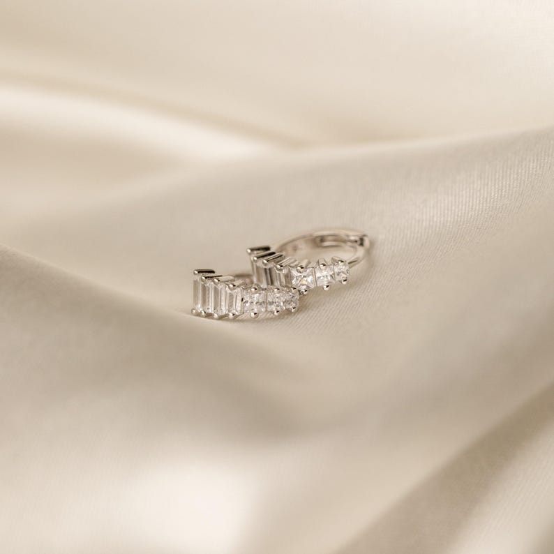 Diamond Art Deco Earrings by Caitlyn Minimalist • Vintage Style Huggie Hoop Earrings • Dainty Earrings • Silver Jewelry • Mom Gift • ER337 image 2