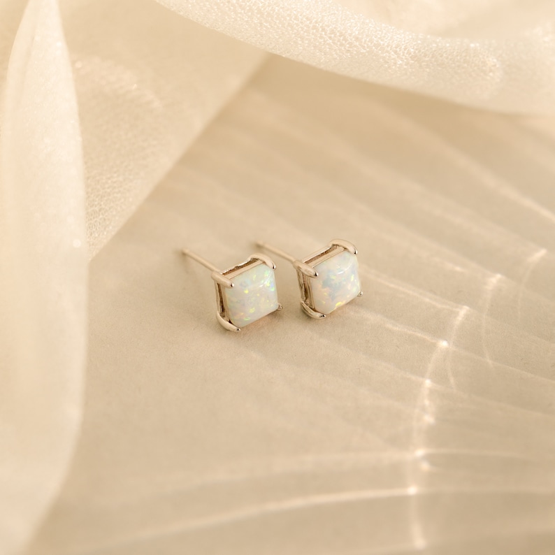 Princess Cut Opal Earrings by Caitlyn Minimalist Vintage Style Statement Stud Earrings Opal Gemstone Jewelry Birthday Gift ER418 image 5