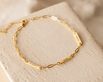 Custom Mini Name Bar Bracelet by Caitlyn Minimalist • Engraved Charm Bracelet with Dainty Paperclip Chain • Birthday Gift for Mom • BM56F39