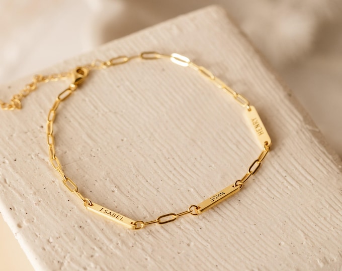 Custom Mini Name Bar Bracelet by Caitlyn Minimalist • Engraved Charm Bracelet with Dainty Paperclip Chain • Birthday Gift for Mom • BM56F39