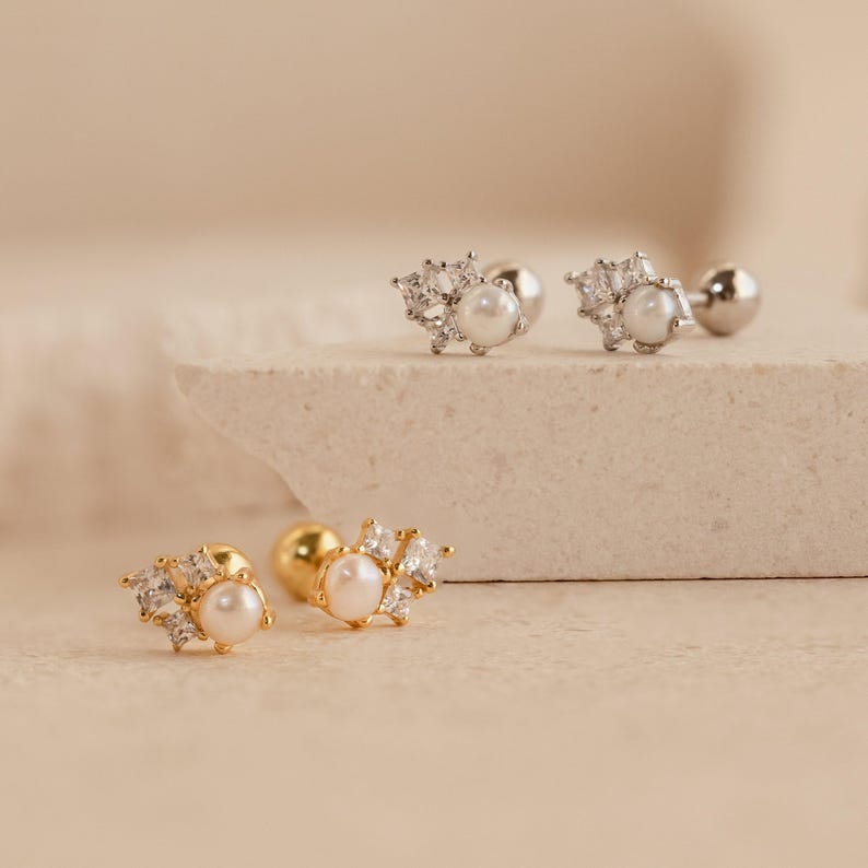 Pearl & Diamond Stud Earrings by Caitlyn Minimalist • Dainty Elegant Earrings • Wedding Earrings • Bridal Jewelry • Gift for Wife • ER298 image 9