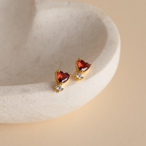 Garnet Heart Drop Studs by Caitlyn Minimalist • Dainty Diamond Earrings in Gold • Romantic Vintage Jewelry • Perfect Gift for Her • ER336