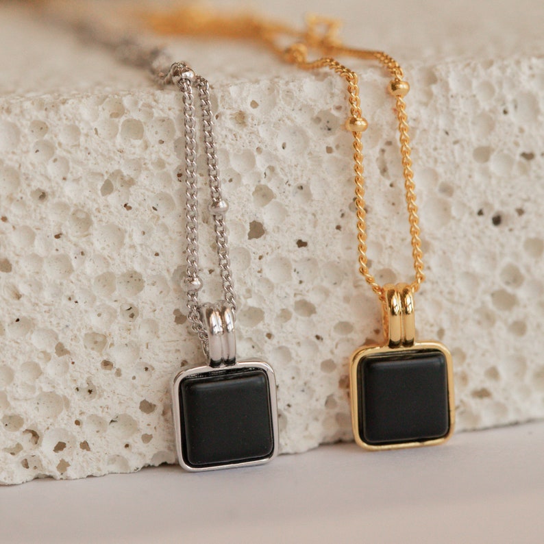 Black Pendant Necklace by Caitlyn Minimalist Statement Black Enamel Square Charm with Satellite Chain Gift for Her NR106 image 8
