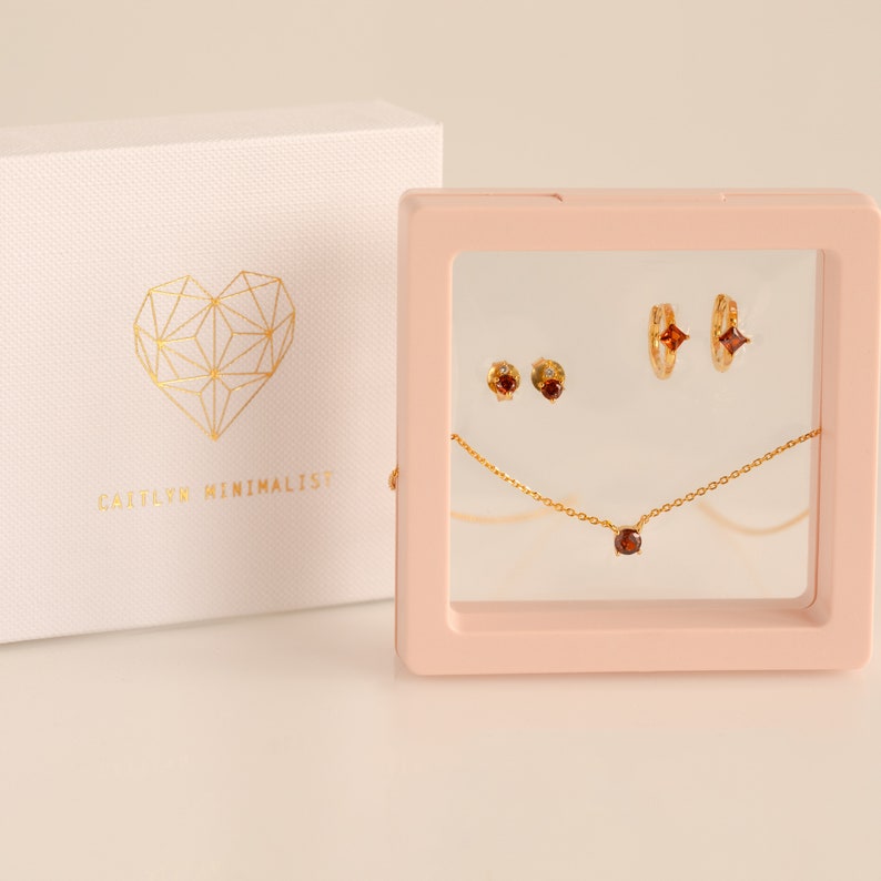 Birthstone Mystery Box by Caitlyn Minimalist Crystal Jewelry Set with Necklace & Earrings Value of 80 Perfect Birthday Gift XR015 January Garnet