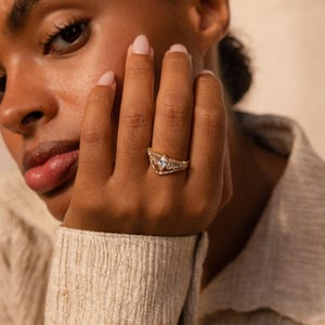 Art Deco Diamond Ring Set by Caitlyn Minimalist • Chevron Marquise Baguette Rings • Engagement Wedding Ring Set • Girlfriend Gift • RR120