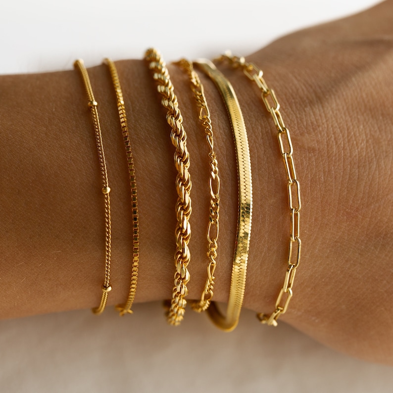 Minimalist Bracelet Chains by Caitlyn Minimalist Silver & Gold Herringbone, Paperclip, Rope, Box Chain Bracelets Dainty Everyday Jewelry image 1