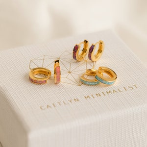 Opal Inlay Huggie Earrings by Caitlyn Minimalist Dainty Gemstone Hoop Earrings in Blue, Pink & Purple Perfect Bridesmaid Gifts ER212 image 4