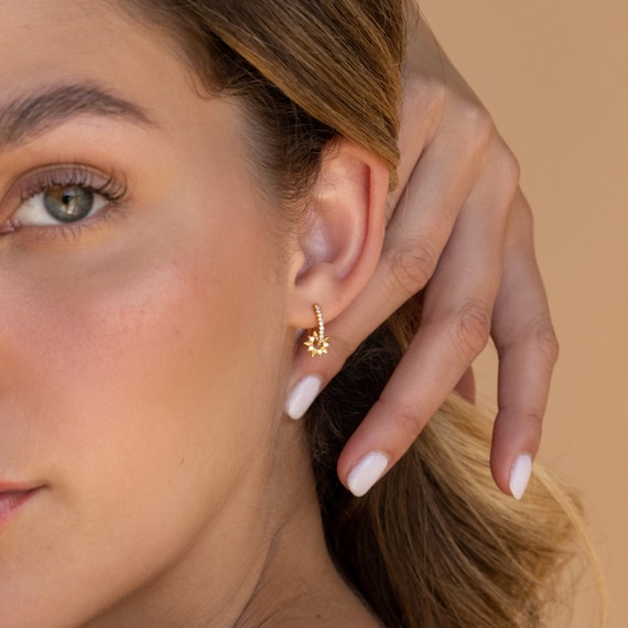 Sun Huggie Hoop Earrings by Caitlyn Minimalist • Diamond Sunburst Charm Earrings • Dainty Boho Jewelry • Best Friend Gift  • ER390
