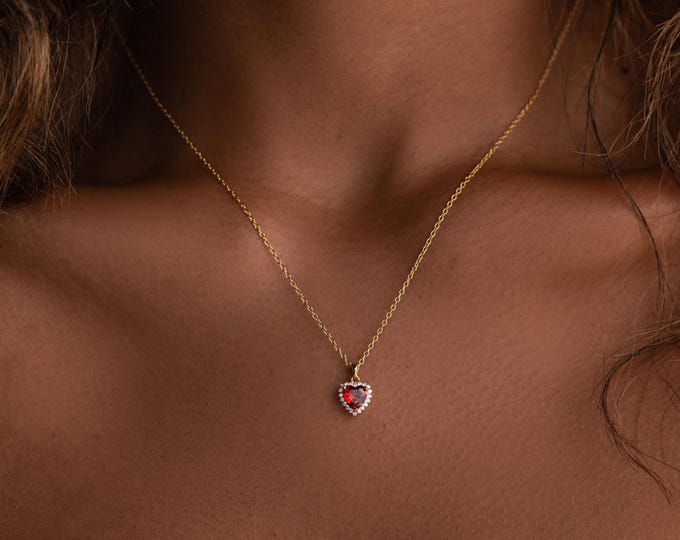 Diamond Garnet Heart Necklace by Caitlyn Minimalist • Red Birthstone Pendant Necklace • Vintage Jewelry • Gift for Girlfriend • NR287