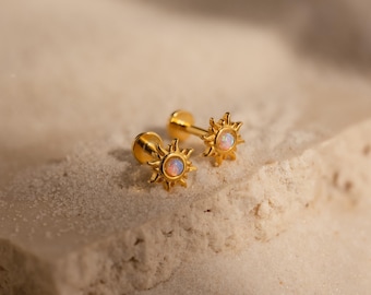 Opal Sun Studs by Caitlyn Minimalist • Celestial Flat-Back Stud Earrings in Gold & Silver • Opal Birthstone Jewelry • Birthday Gift • ER585