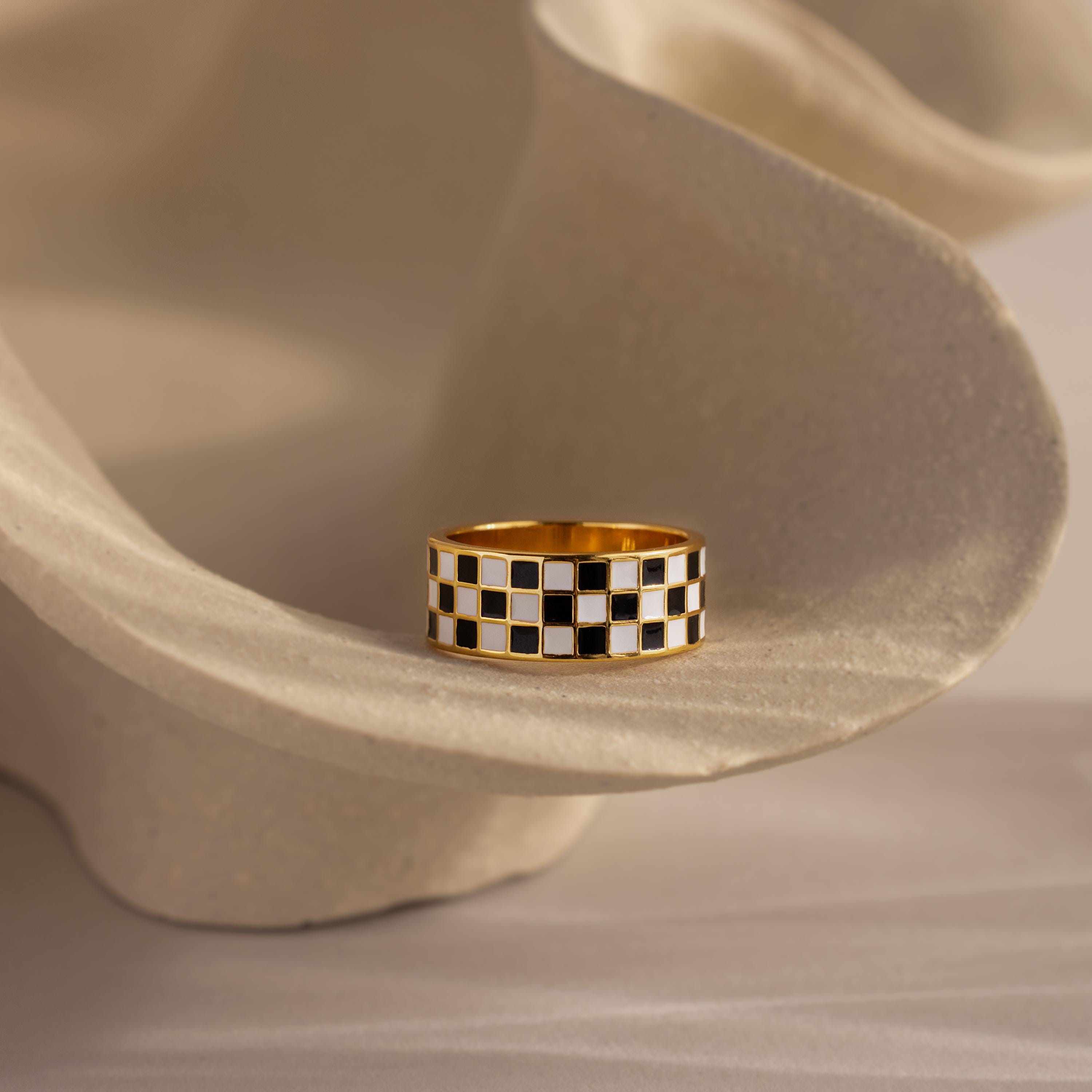 Large Check Rings Thick Checkered Ring by Caitlyn Minimalist • Chunky Black & White ...