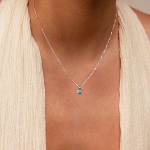 Turquoise Opal Pendant Necklace by Caitlyn Minimalist Dainty Square Charm Necklace on Satellite Chain Opal Jewelry Sister Gift NR161 image 7