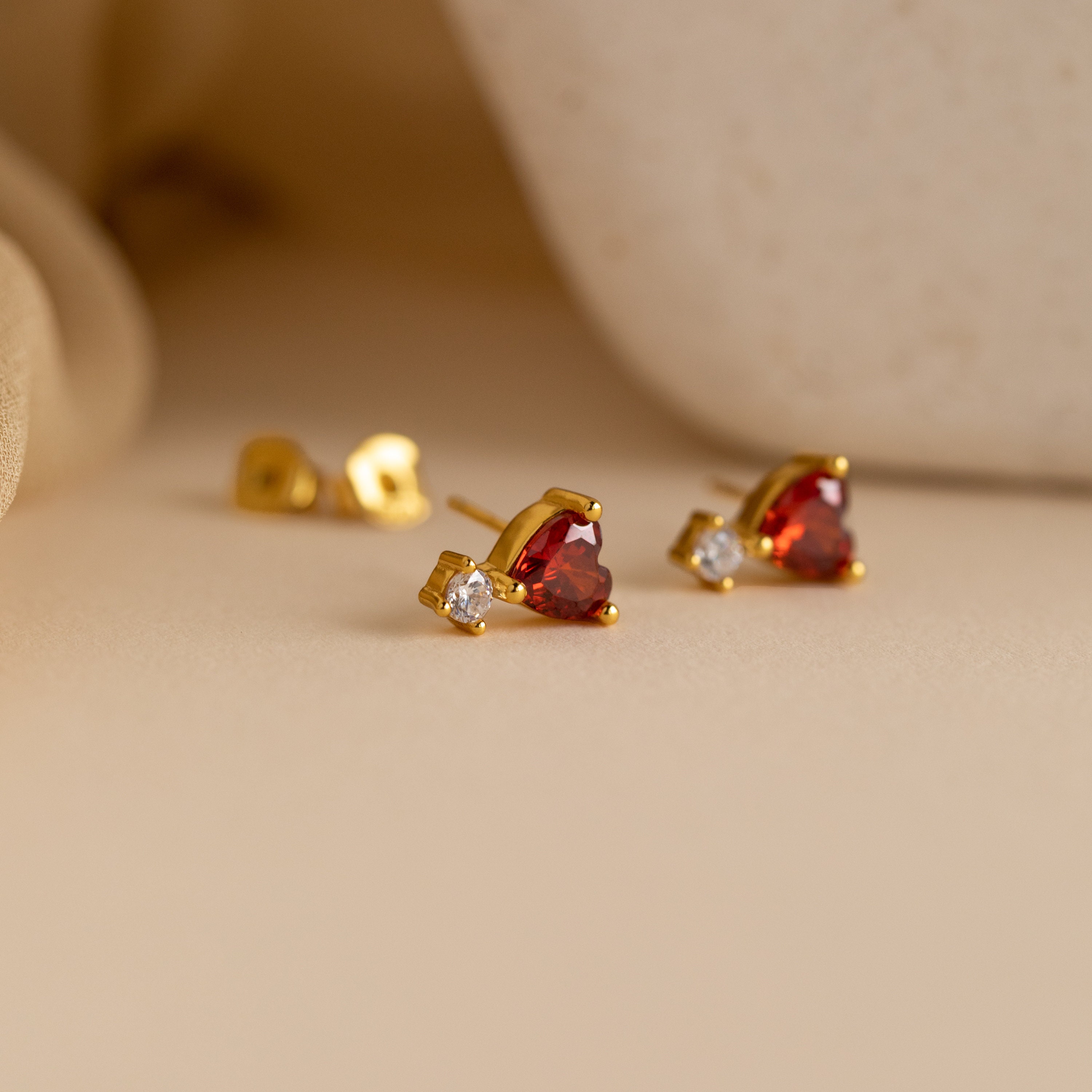 Garnet Heart Drop Studs by Caitlyn Minimalist • Dainty Diamond Earrings in Gold • Romantic Vintage Jewelry • Perfect Gift for Her • ER336