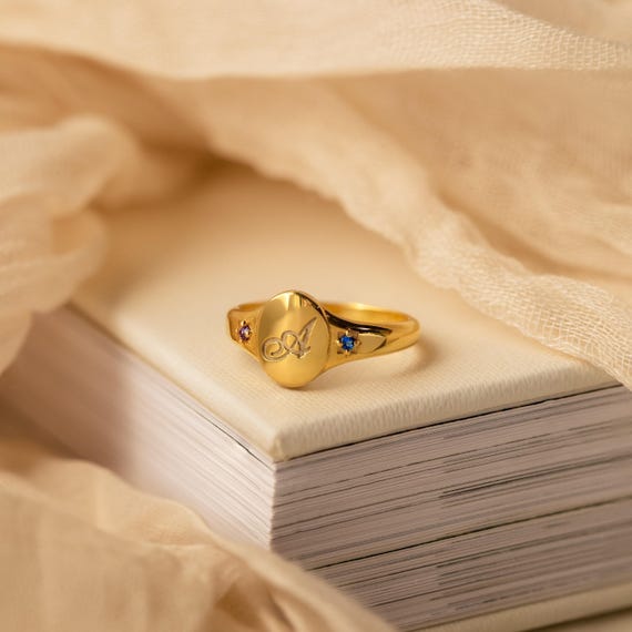 Birthstone Initial Signet Ring by Caitlyn Minimalist • Statement Gemstone Ring with Engraved Letter • Personalized Gift for Mom • RM113NIF67