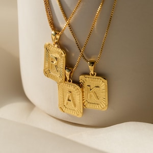 Initial Rectangle Pendant Necklace by Caitlyn Minimalist • Statement Gold Letter Necklace • Box Chain Initial Jewelry • Gift for Mom • NR130