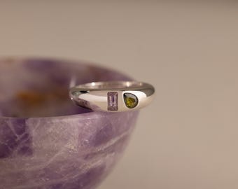 Duo Birthstone Dome Ring by Caitlyn Minimalist • Chunky Silver Gemstone Ring • Custom Toi et Moi Ring • Personalized Gift for Her • RM211