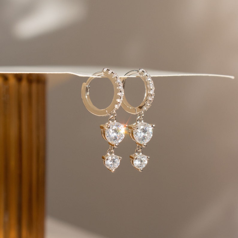 Diamond Stone Huggie Earrings by Caitlyn Minimalist Pave Dangle Earrings Crystal Jewelry Bridal Earrings Anniversary Gift ER189 image 1