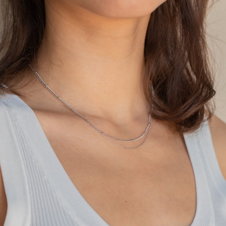 Beaded Duo Chain Necklace by Caitlyn Minimalist Gold Layered Necklace with Satellite Chain and Delicate Chain Choker Friend Gift NR079 STERLING SILVER