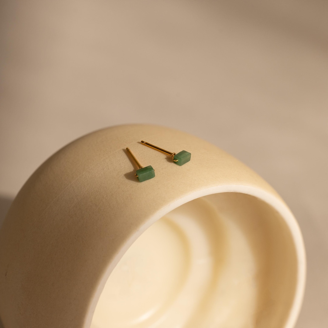 Jade Bar Stud Earrings by Caitlyn Minimalist Dainty Green Gemstone