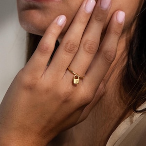 Initial Padlock Drop Ring by Caitlyn Minimalist • Custom Engraved Letter Charm Ring • Dainty Jewelry • Birthday Gift for Her • RM165NIF33