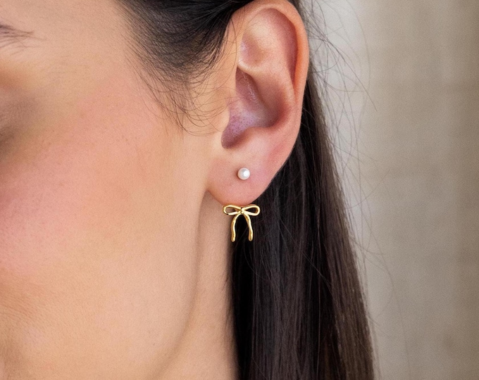 Pearl & Bow Dangle Earrings by CaitlynMinimalist • Dainty Pearl and Ribbon Ear Jacket Earrings • Coquette Jewelry • Best Friend Gift • ER582