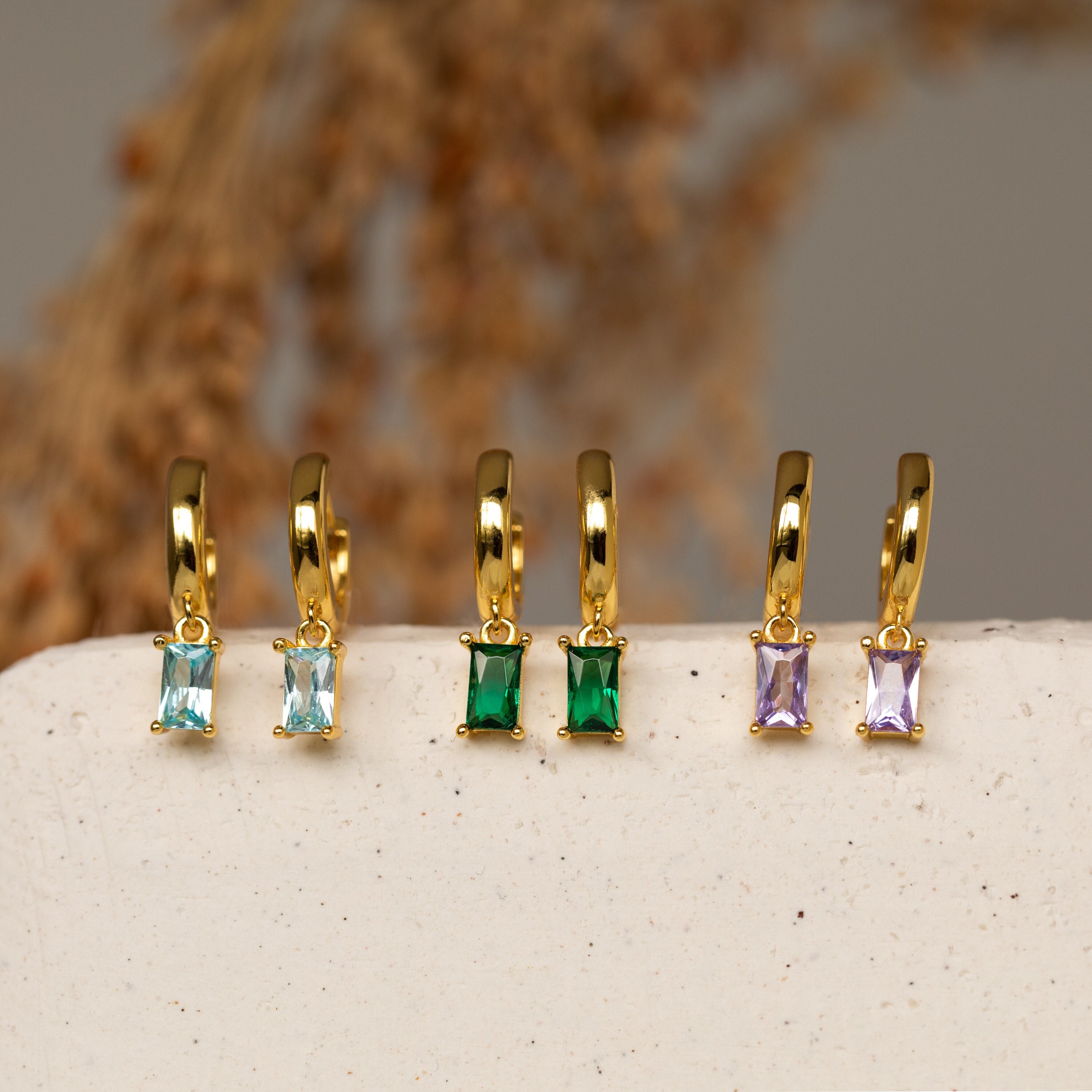 Baguette Stone Huggie Earrings by Caitlyn Minimalist • Gold Hoop Earrings with Custom Birthstone • Drop Earrings • Birthday Gift • ER339