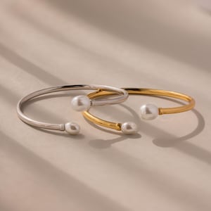 Duo Pearl Cuff Bracelet by Caitlyn Minimalist • Adjustable Gold Bangle • BR153