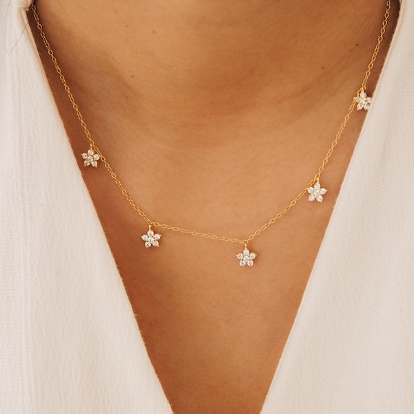 Diamond Flower Necklace by Caitlyn Minimalist • Dainty Flower Charm Diamond Necklace • Flower Gift, Wedding Jewelry • Birthday Gift • NR071