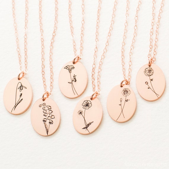 Personalized Birth Flower Necklace with Initials Dainty Minimalist Stamped Jewelry with Birth Months. Floral Jewelry Birthday Gift