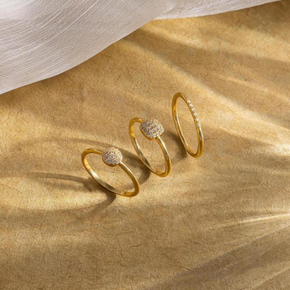 Classic Pave Ring Set by Caitlyn Minimalist • Set of 3 Gold Art Deco Diamond Rings • Wedding Ring Set • Vintage Jewelry • Wife Gift • RR155