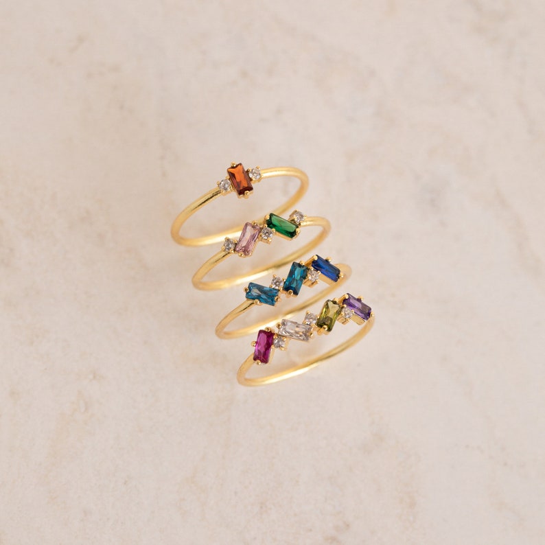 Custom Baguette Gemstone Ring by Caitlyn Minimalist Personalized Statement Ring Mothers Ring with Birthstones Baby Shower Gift RM106 image 1