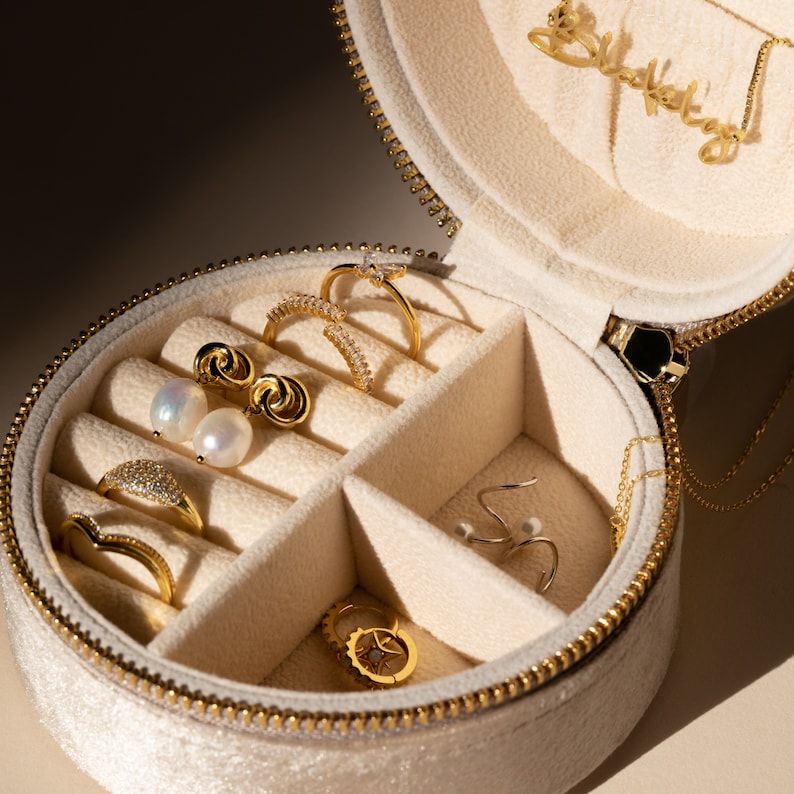 Round Velvet Jewelry Box by Caitlyn Minimalist Jewelry Storage Travel Case Jewelry Keepsake Box Birthday Gift XR008 image 3