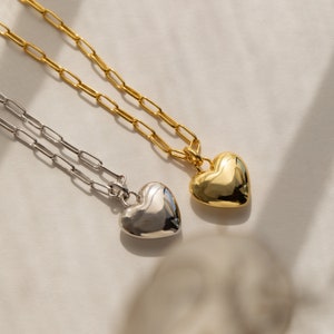 May include: Two necklaces with heart-shaped pendants. One necklace has a gold chain and a gold heart pendant. The other necklace has a silver chain and a silver heart pendant.