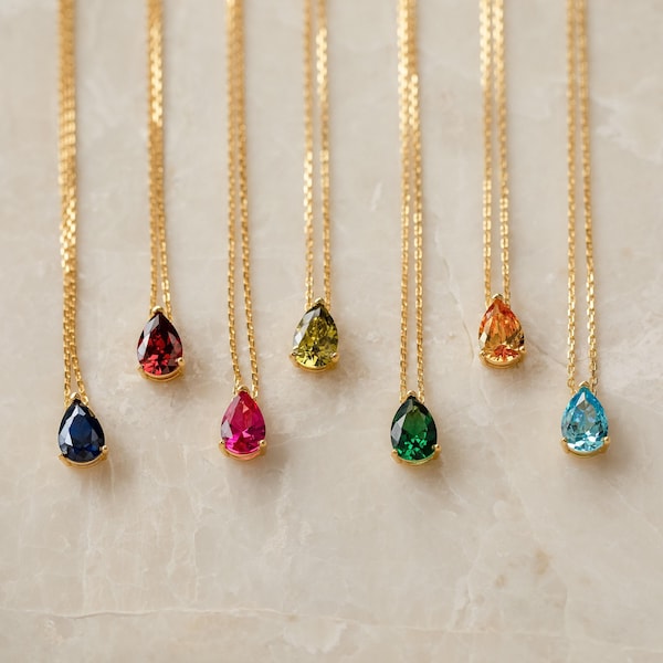 Tropfenförmige Geburtssteinkette von Caitlyn Minimalist • Zarte, personalisierte Edelsteinanhänger-Halskette • Individuelles Abschlussgeschenk für Sie • NR117